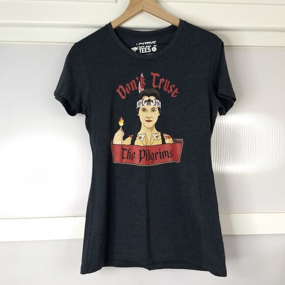 Don't Trust the Pilgrims Chive Tees Charcoal Gray Tee Addams Family Wednesday - Picture 2 of 6